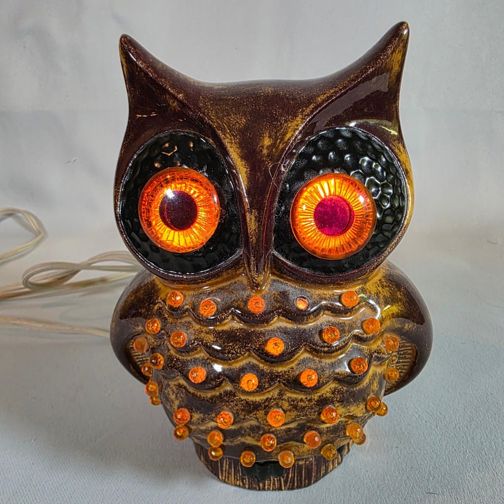 Vintage 70s Ceramic Owl Lamp Night Light Brown Drip Glaze Amber Eyes MCM Retro
